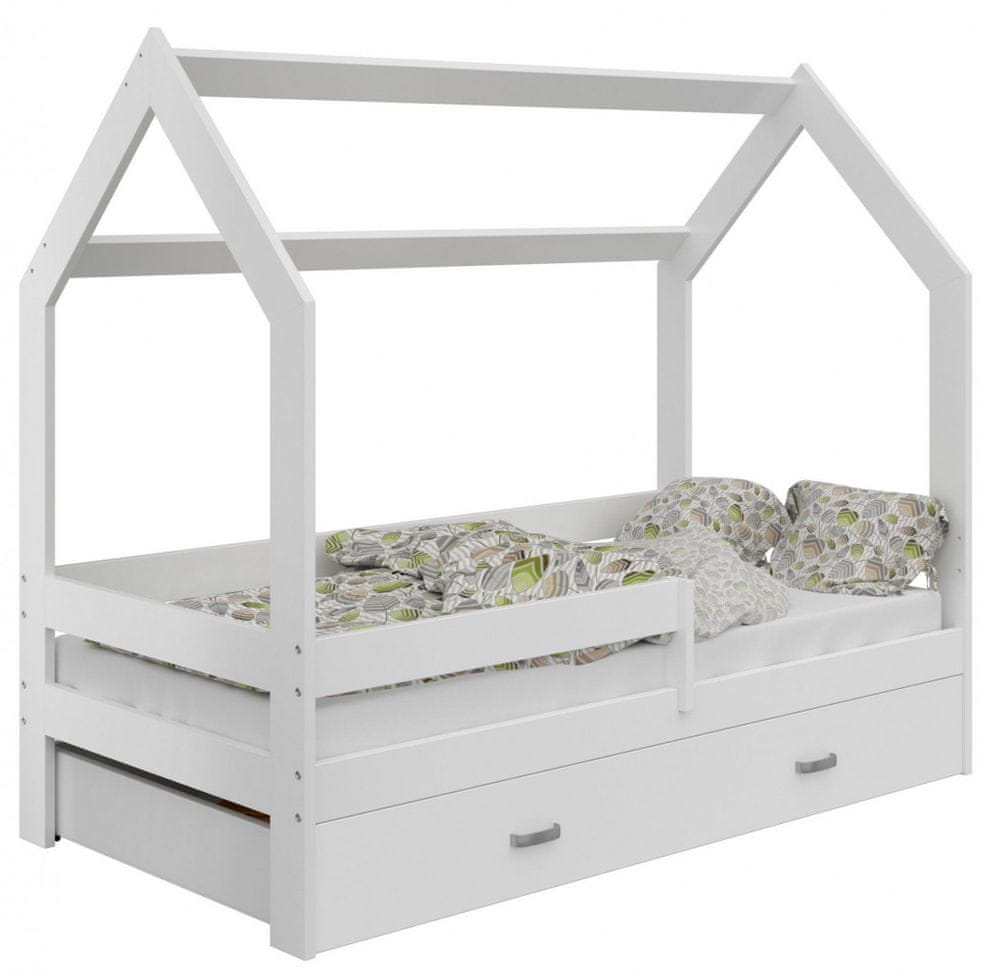 eoshop Detská posteľ Domček 80x160 cm D3, rošt ZADARMO - biela, zábrana: biela, úlož. jednoducho: biela, matracu: s matrac